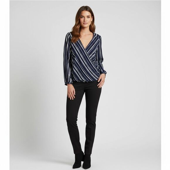 LUSH Wrap Front Lunging V-Neck Long Sleeve Navy & White High Low Hem Top Size L - Picture 1 of 13